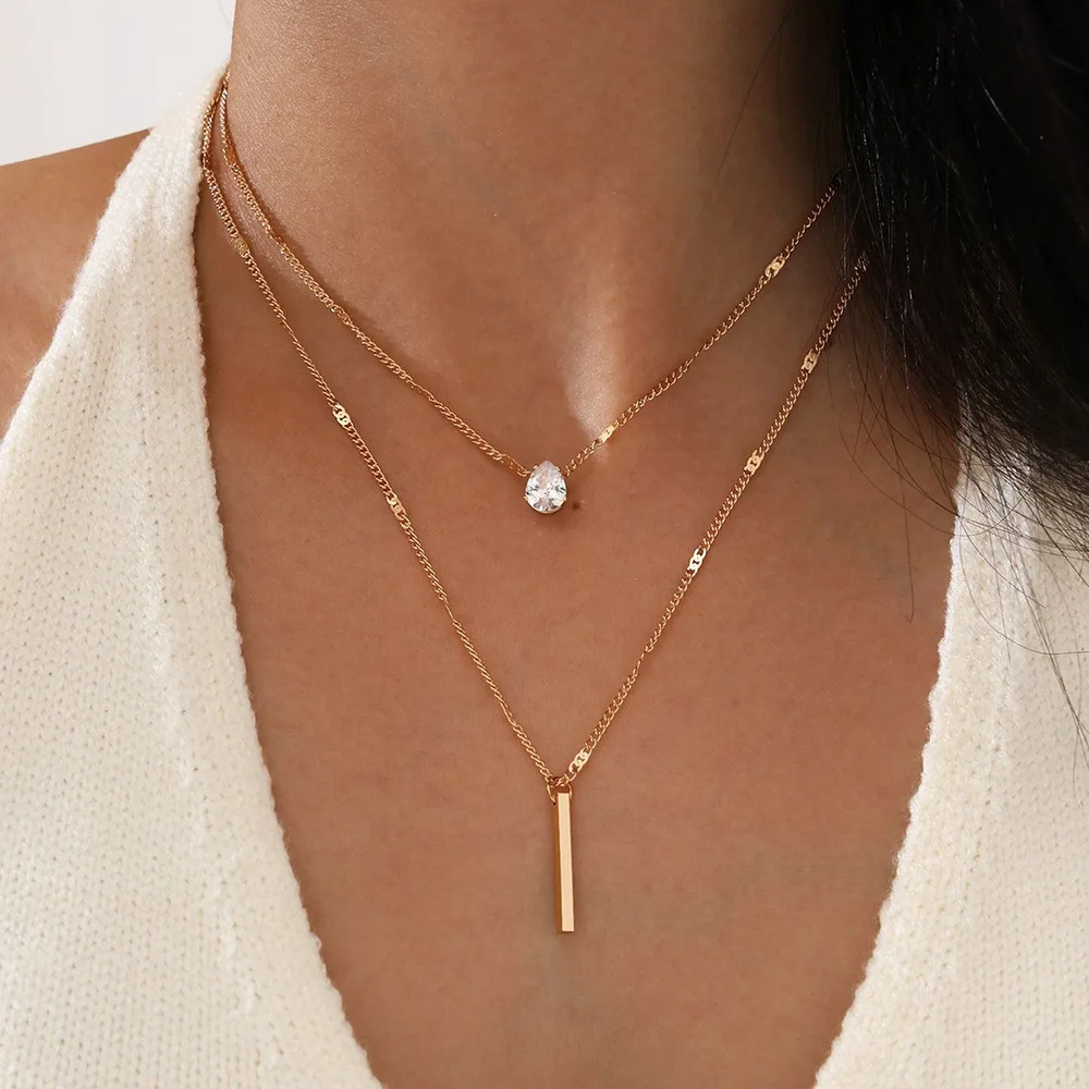 Collier multicouche pour femmes, pendentif goutte d'eau en cristal Simple, chaîne de couleur or argent, ras du cou, bijoux tendance
