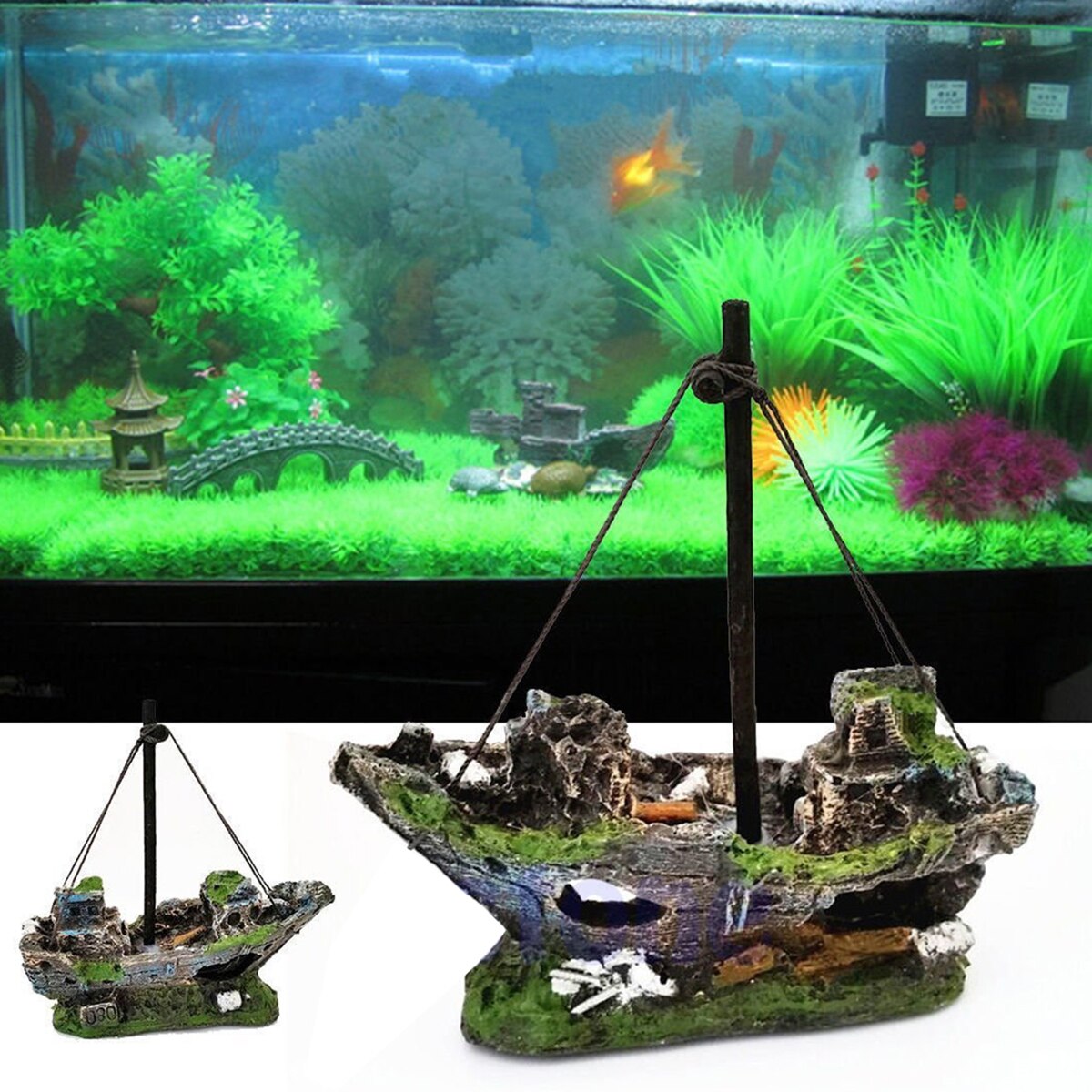 Resin Fishing Boat Aquarium Ornament Plastic Decoration Plant for Fish Tank Accessories