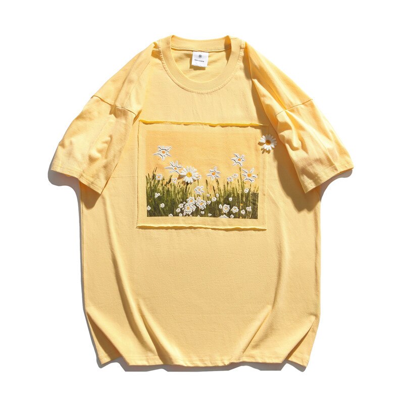 Summer Men Women T Shirts Canvas Patch Daisy Printing Trendy Men's Short Sleeve Tees Casual Couple Tops Male Short Sleeve Shirts: HHR1111 Yellow / XL