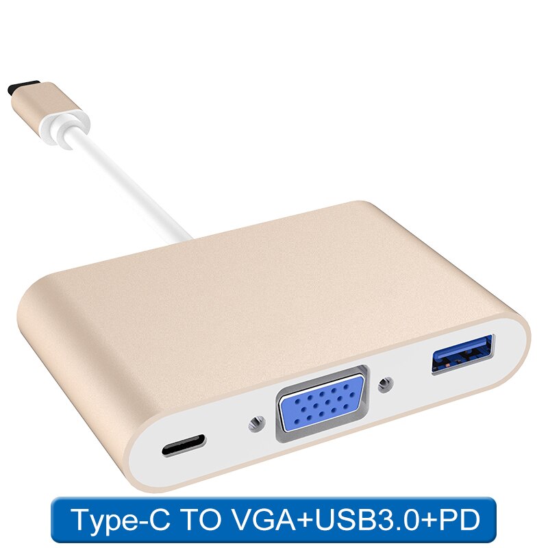 Type c til vga usb 3.0 pd 3- i -1 thunderbolt type c hub  to 4k vga usb adapter med type-c strøm til bærbar computer: Gylden