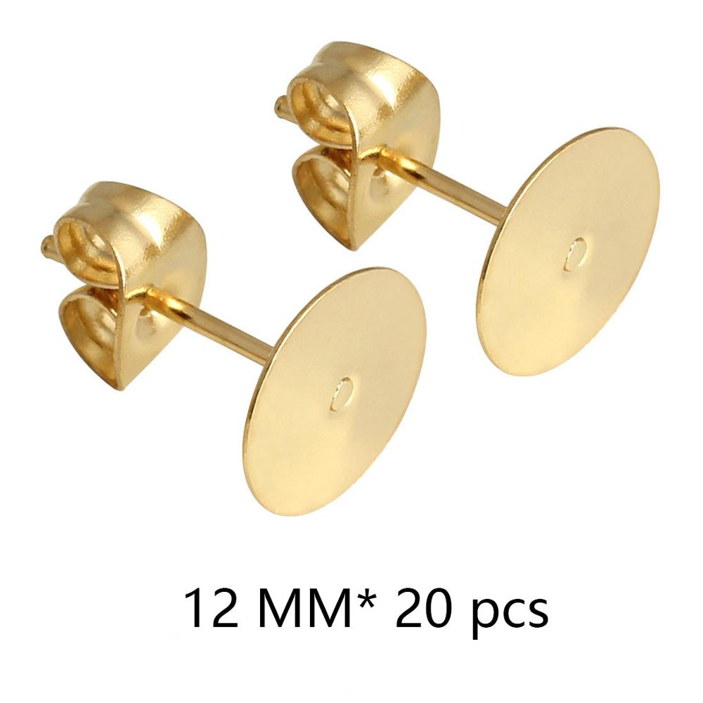 Lote de pendientes de poste de acero inoxidable blanco, 100 unidades, pasadores de Base con tapón para pendientes, reverso de oreja para joyería DIY, soporte de cabujón: 12mm X 20pcs
