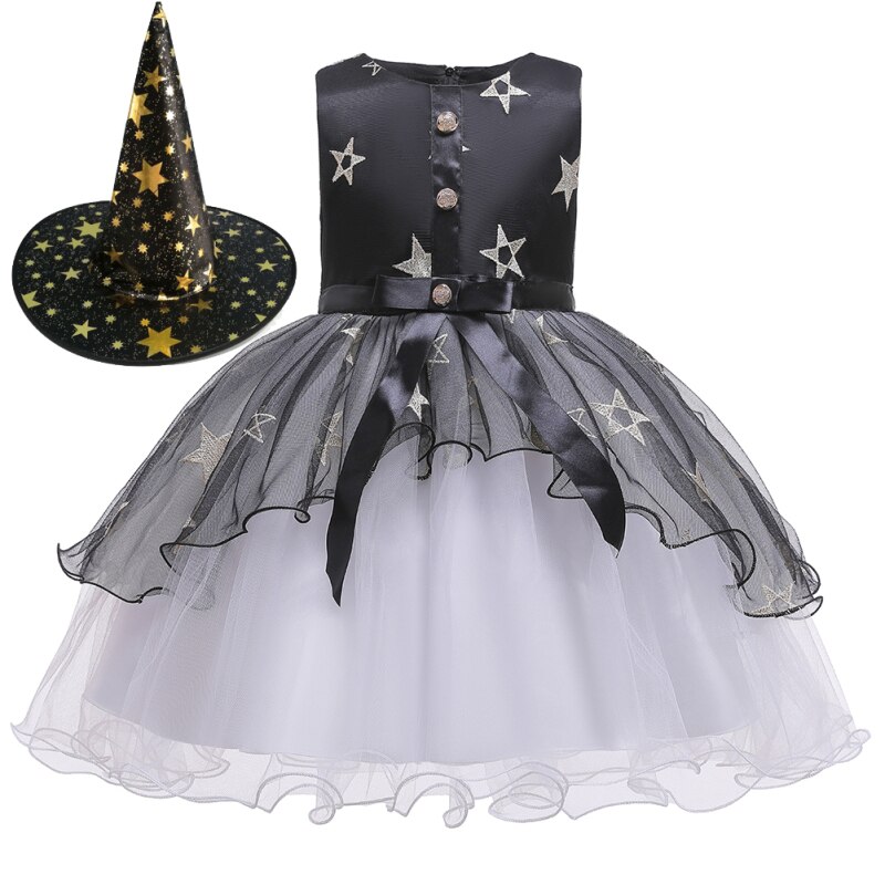 110-160cm Costume Children Dress Skirt Cosplay Girl With Hat Witch Star Skirt Witch Costume For Halloween Princess Dress Kids: black / 120cm