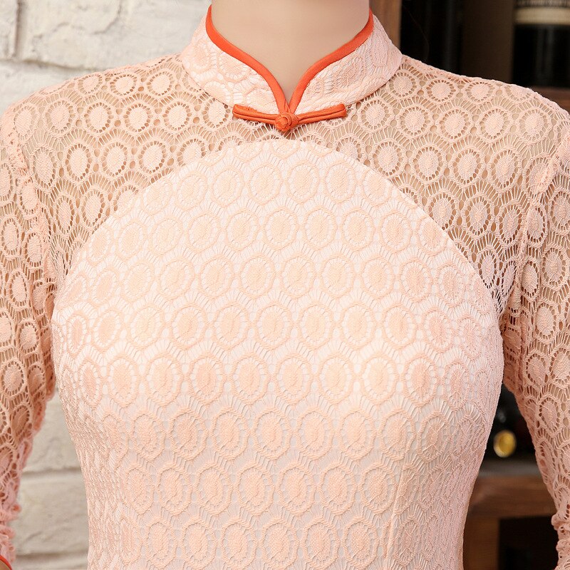 Cheongsam de encaje de sección larga para otoño, cuello de pie que combina con todo, Cheongsam largo ajustado clásico moderno Qipao