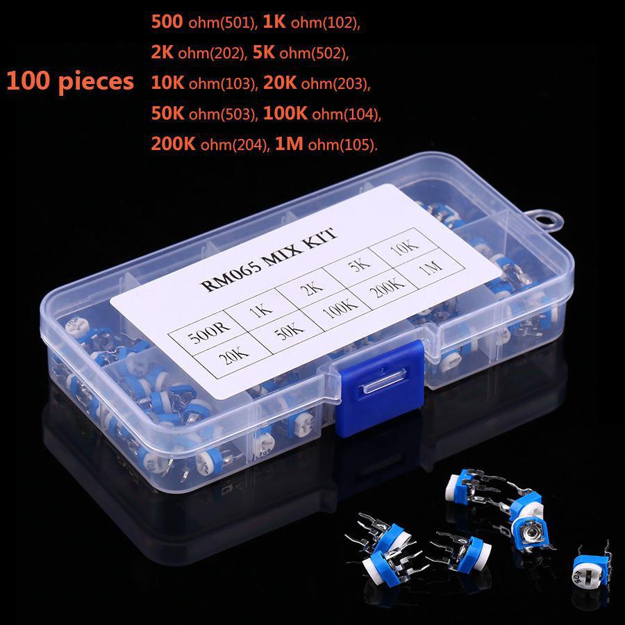 100pcs 10 Value Potentiometer Trimpot Variable Resistor Assortment Box Kit RM065