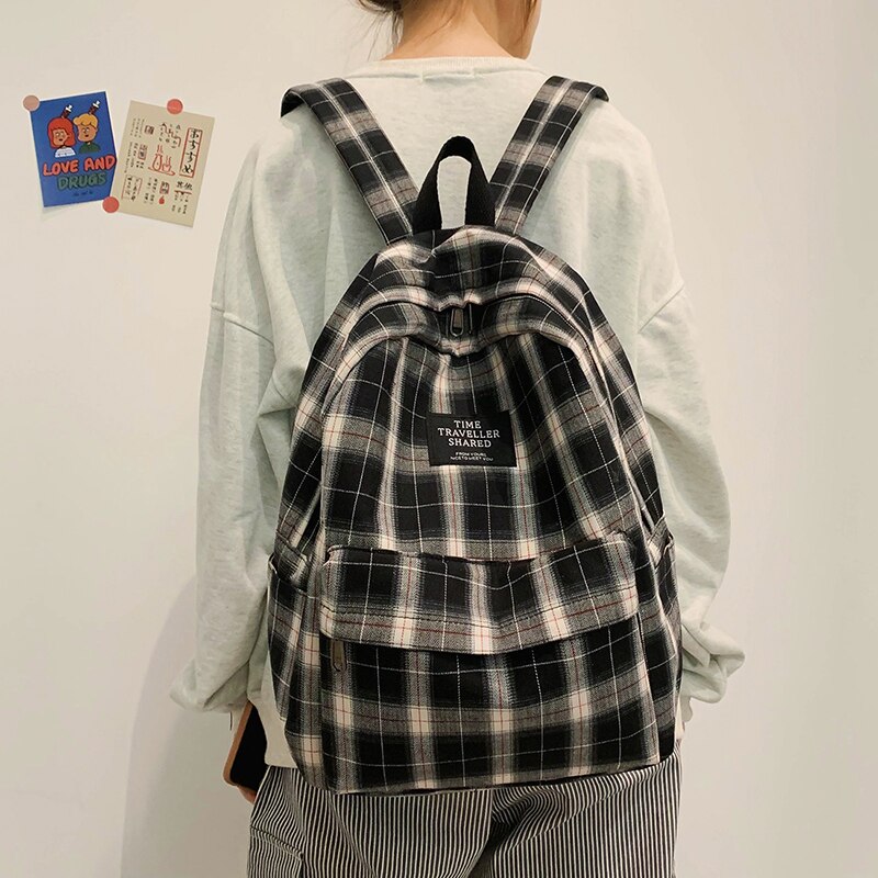 Eenvoudige Gestreepte Rugzakken Vrouwen Leuke Student Plaid Schooltas Voor Tiener Meisjes Harajuku Vrouwelijke Mode Reizen Laptop Rugzak: A-black
