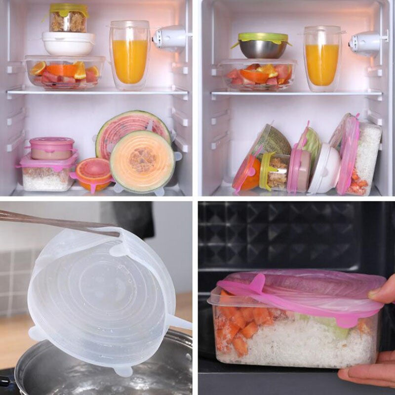 6 pçs/pçs/set tampas de silicone para alimentos cozinha reutilizável capa de silicone alimentos frescos mantendo selado quente frio disponível