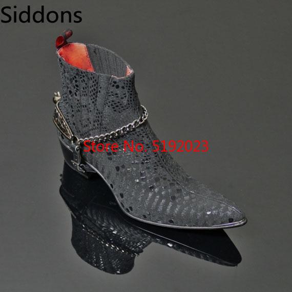 Hiver bout pointu Matin chaussure haute cheville à lacets bottes pour hommes sans lacet chaîne Zapatos De Hombre chaussures hommes D47