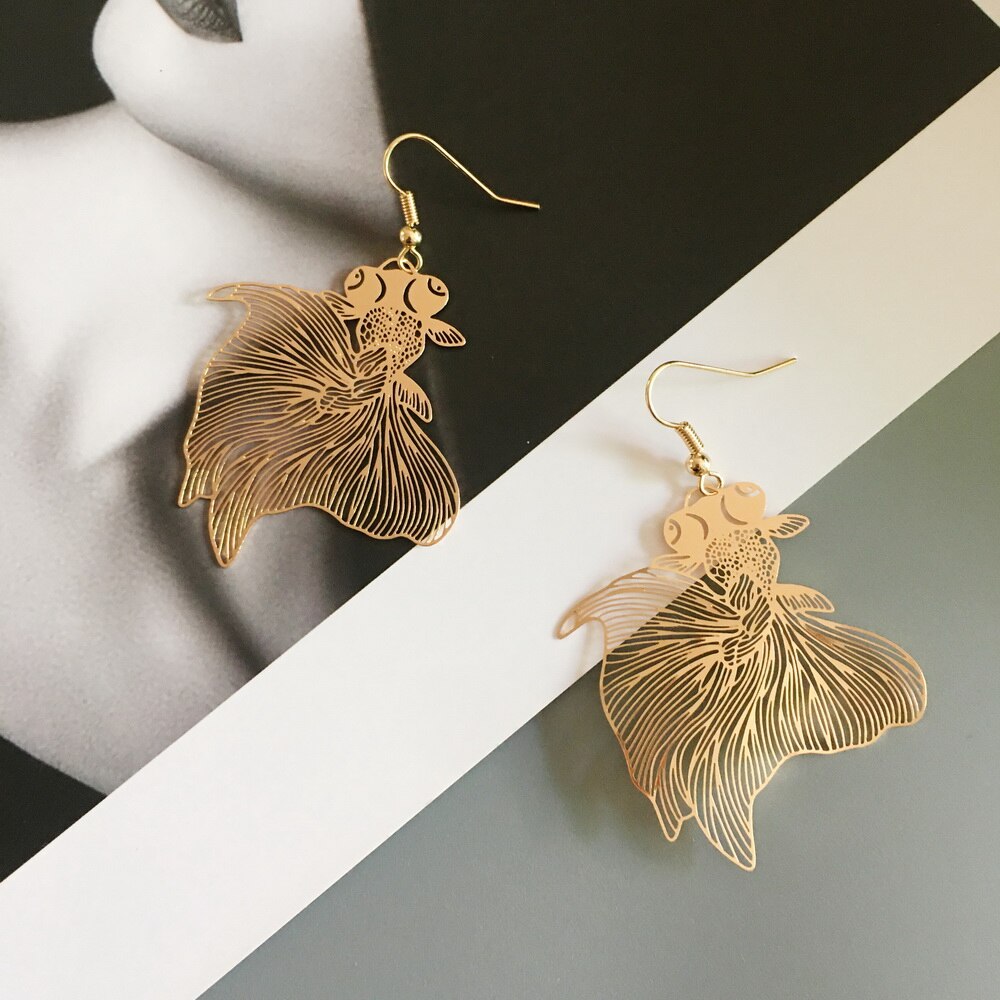 Pendientes Koi de para mujer, aretes metálicos huecos exagerados, pendientes de pez dorado, pendientes geométricos, joyería, pendientes de pez: 3
