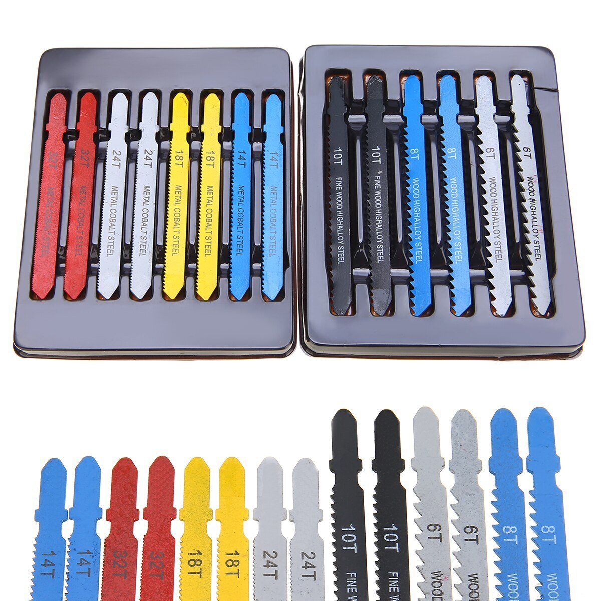 14pcs Jig saw Blade Set Assorted T-shank Jigsaw Blade Set Metal Steel Jigsaw Blade Set Fitting For Plastic Woodworking Tools