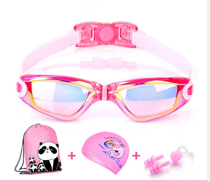 Børns svømmebriller anti-tåge uv recept svømmebriller vandtæt beskyttelsesbriller med etui, næseklemme, ørepropper, hætte, diverse taske: Linse plating pink