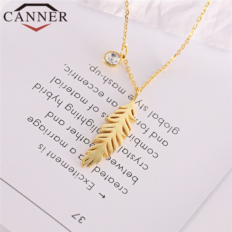 CANNER 925 Collana in Argento sterlina Collares Chocker dell'oro Della Piuma di Fascino Del Pendente di Modo Della Collana Dei Monili Delle Donne FO