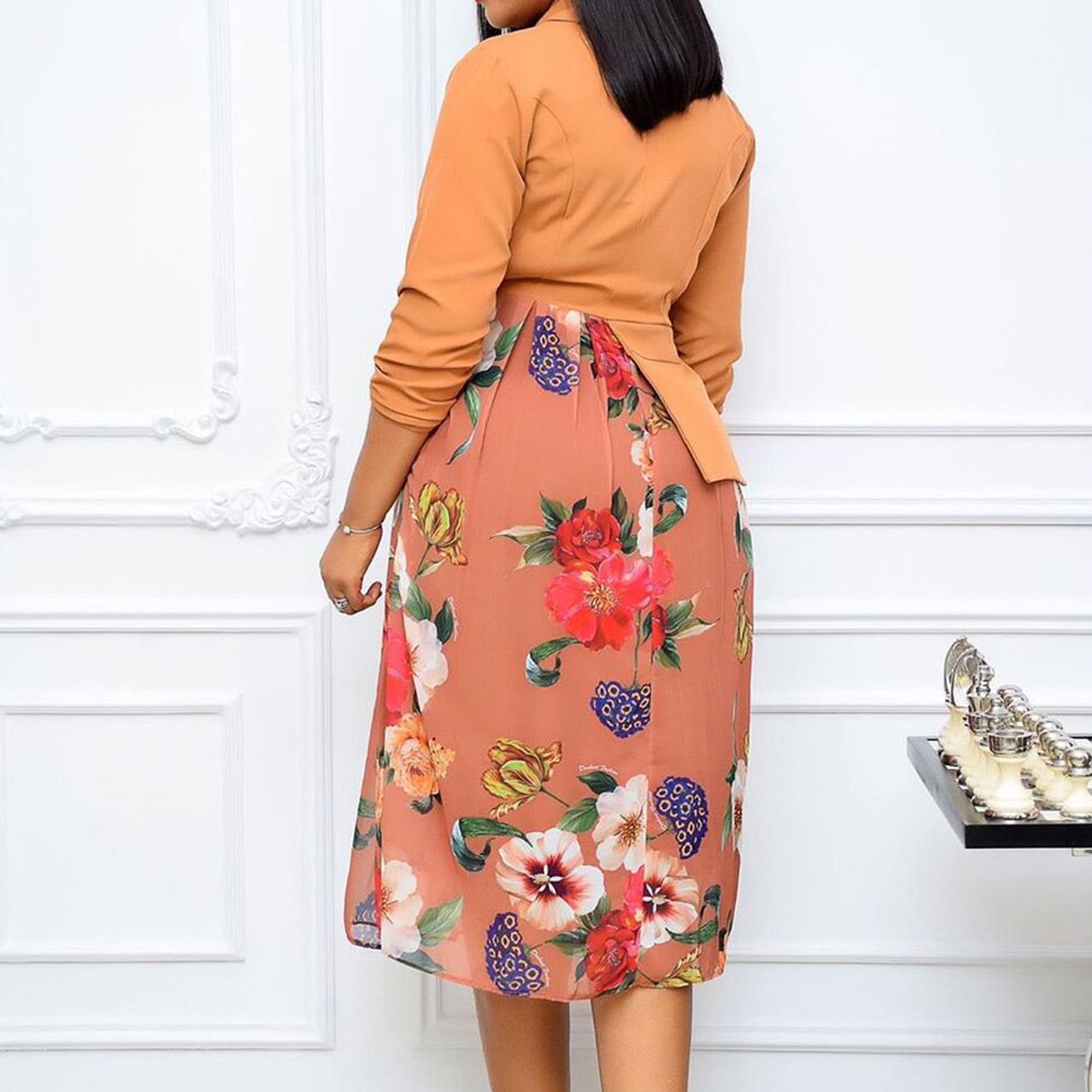 Zomer Notched Revers Swing Jurk Elegante Plus Size 3XL Vrouwen Patchwork Bloemenprint Jurk Vrouwen Afrikaanse Jurk Gewaden Vestidos