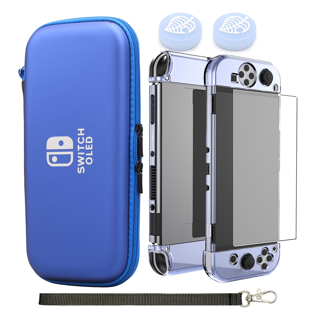 Switch OLED Storage Carry Bag Accessories Kit PC Clear Cover Case Screen Protector With Analog Grips for Nintendo Switch OLED: Blue