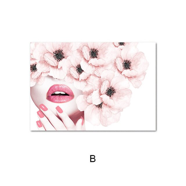Pink Flower Perfume Poster Eyelash Lips Makeup Print Art Painting Wall Picture Modern Girl Room Home Decoration: Blue / 42x30cm No Frame