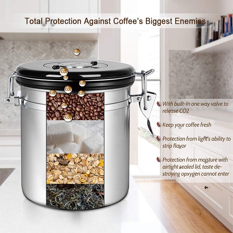 Coffee Storage Container Airtight Stainless Steel Coffee Canister Vault Coffee Bean Container with CO2 Valve to Keep Beans Fresh