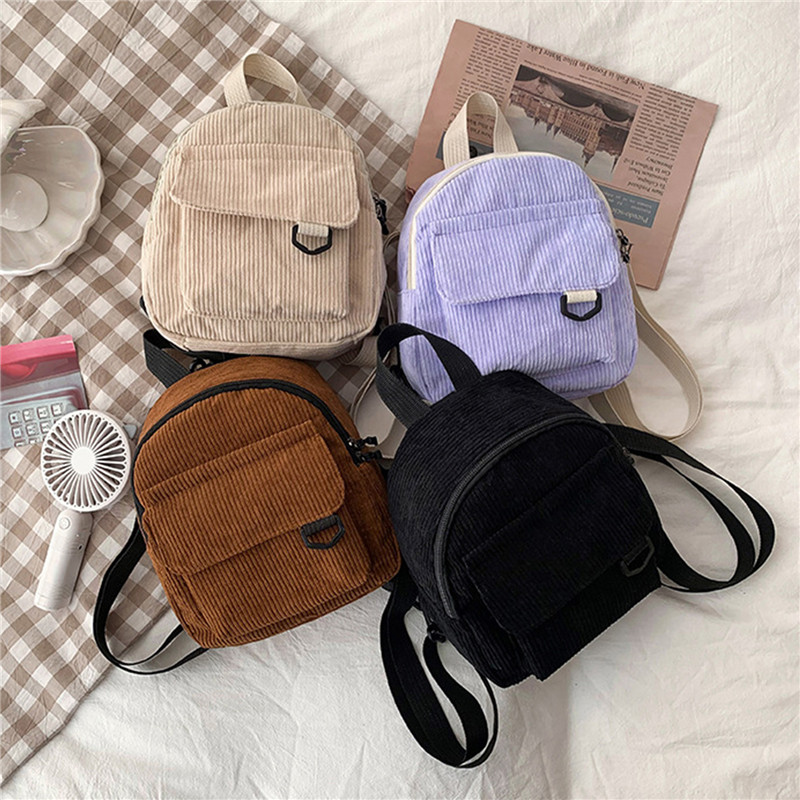 Mini Backpack Solid Color Corduroy Small Backpacks Simple Casual Student Bookbags Traveling Rucksack Women Soulder Bag