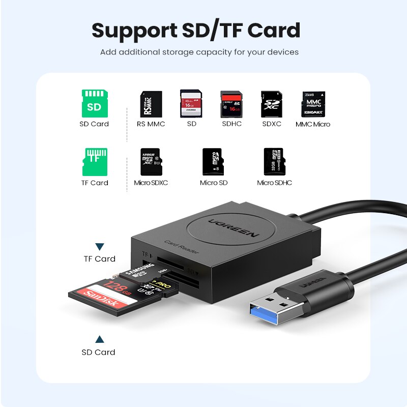 Ugreen kortinlukija usb 3.0 to sd micro sd tf kortinlukija tietokoneeseen kannettavan tietokoneen tarvikkeet älykäs muistikortinlukija sd-kortinlukija 2- in -1
