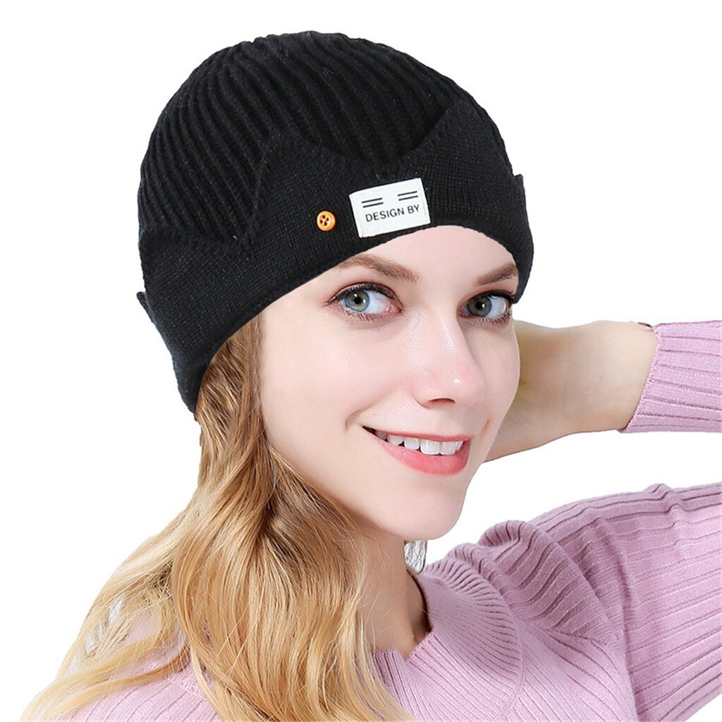 Women Soild India Stretch Turban Hat Button Wool Hair Loss Head Scarf Wrap Autumn Winter Warm Earmuff Colorful Crown Caps: BK