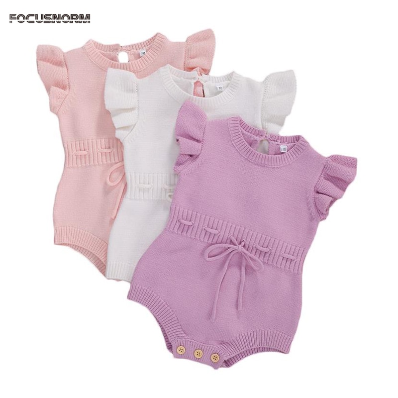 Focusnorm Baby Jongens Meisjes Trui Gebreid Bodysuits Ruches Korte Mouwen Effen Jumpsuits Outfits 3 Kleuren
