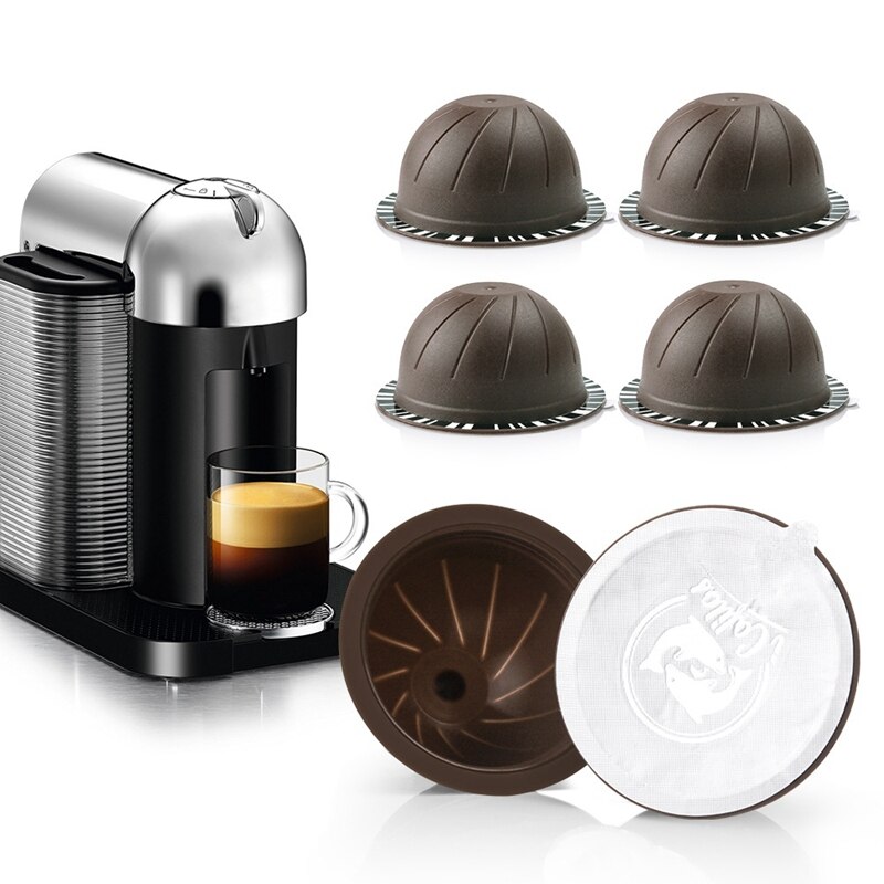 nespresso machine 3PC Refillable Reusable Coffee Capsules Pods for Nespresso VertuoPlus Vertuoline GCA1 with 60PC Foil Lids: Brown