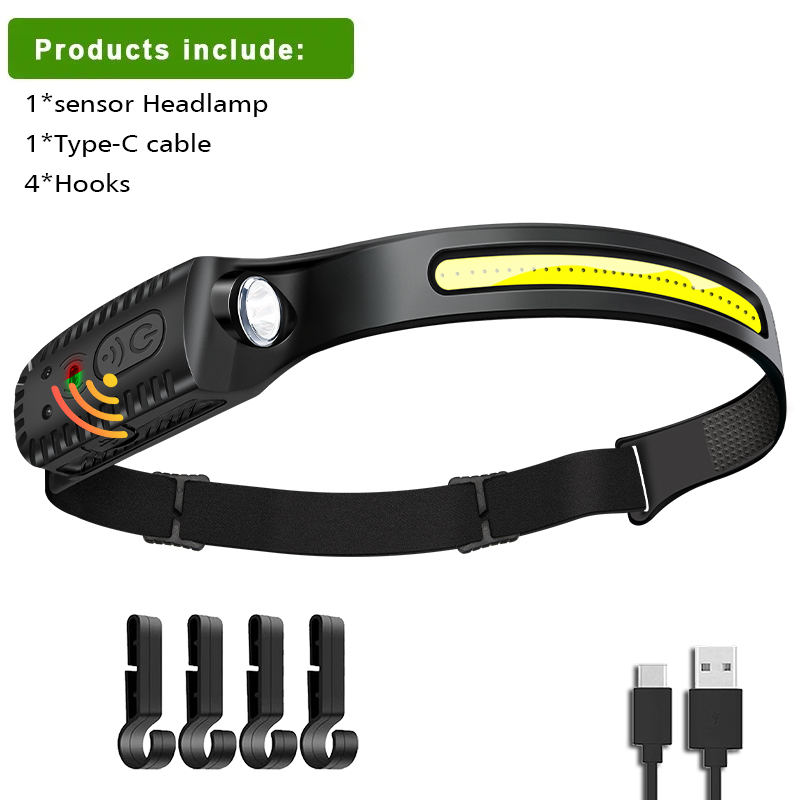USB wiederaufladbare Stirnlampe, Induktionsscheinwerfer, COB-LED-Sensor, Stirnlampe, eingebauter Akku, Taschenlampe, 5 Beleuchtungsmodi, Scheinwerfer: WEISS