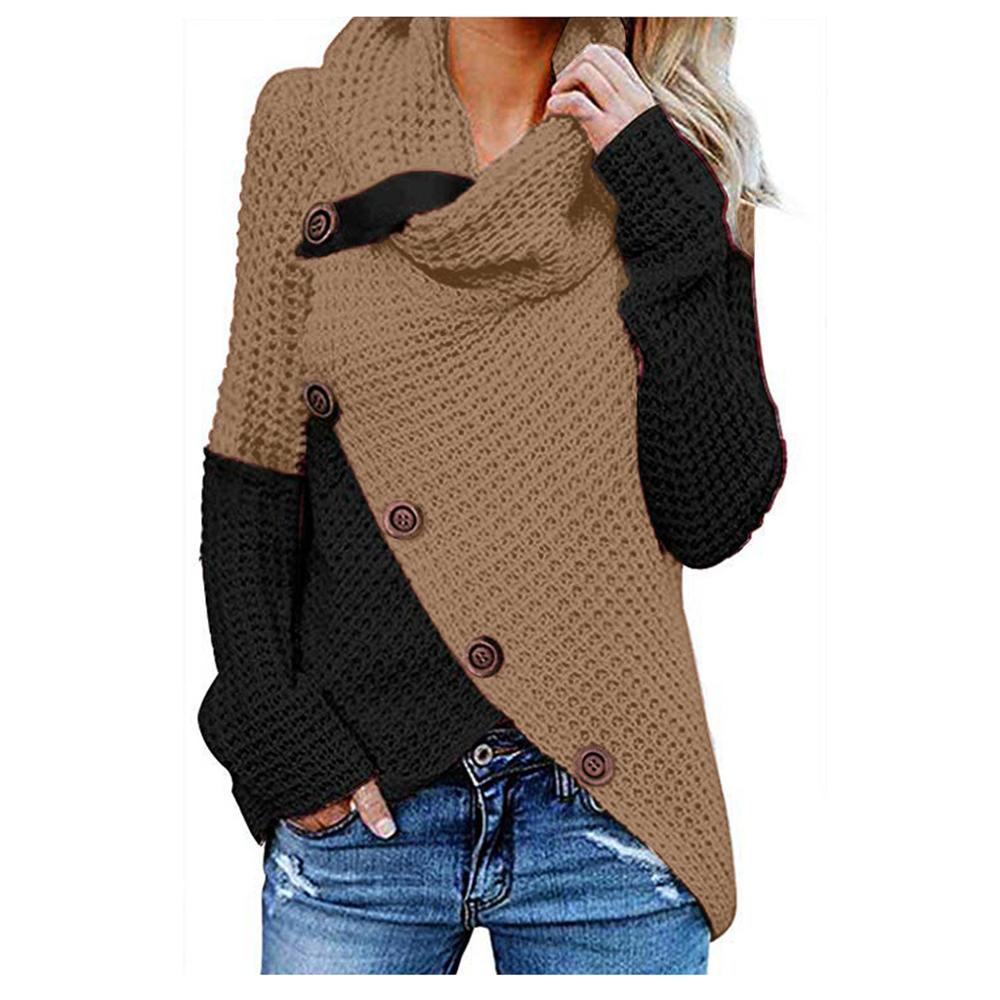 Kvinder vinter rullekrave trøjer langærmet knap patchwork pullovers sweater pull femme trøje