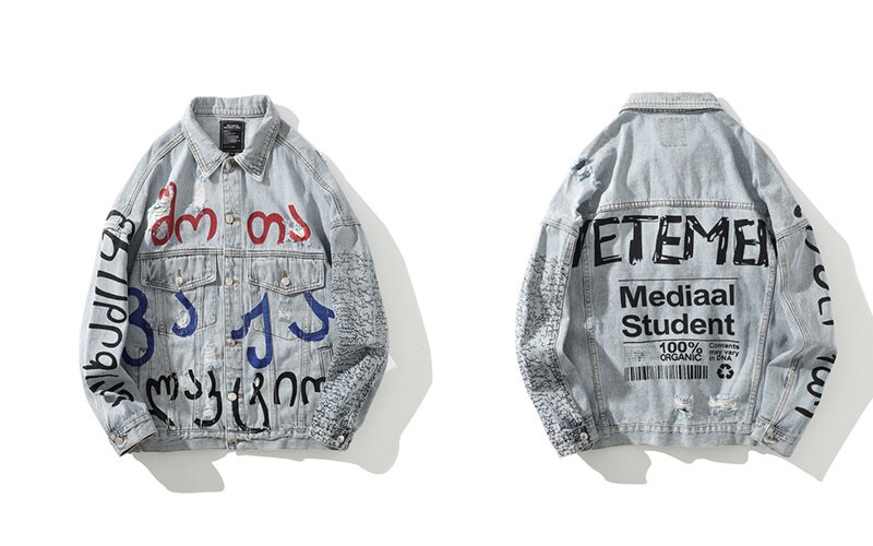 Mens Graffiti Denim Jassen Streetwear Hip Hop Casual Patchwork Ripped Verontruste Punk Rock Jeans Jassen Uitloper: L