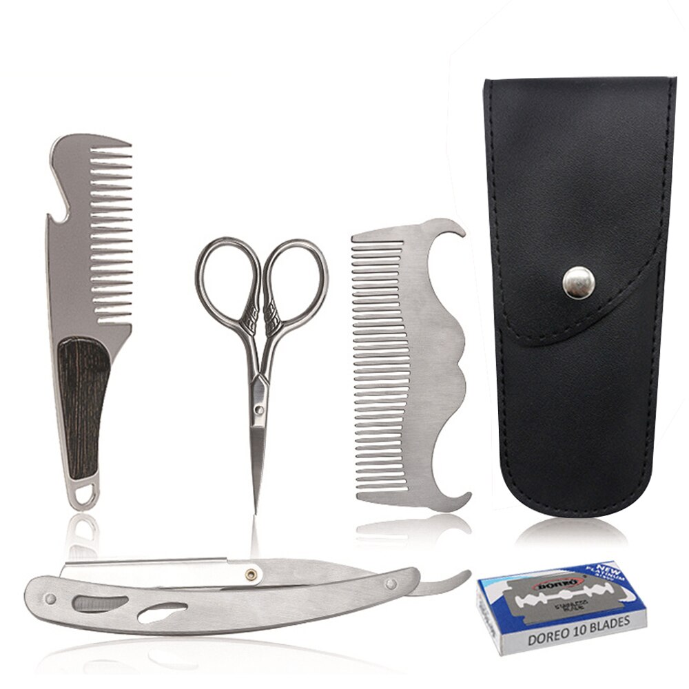 Men Beard Grooming Kit Trimming Shaving Comb Set Mustache Scissors Shaping Shaver Safety Razor Beard Care Styling Tool