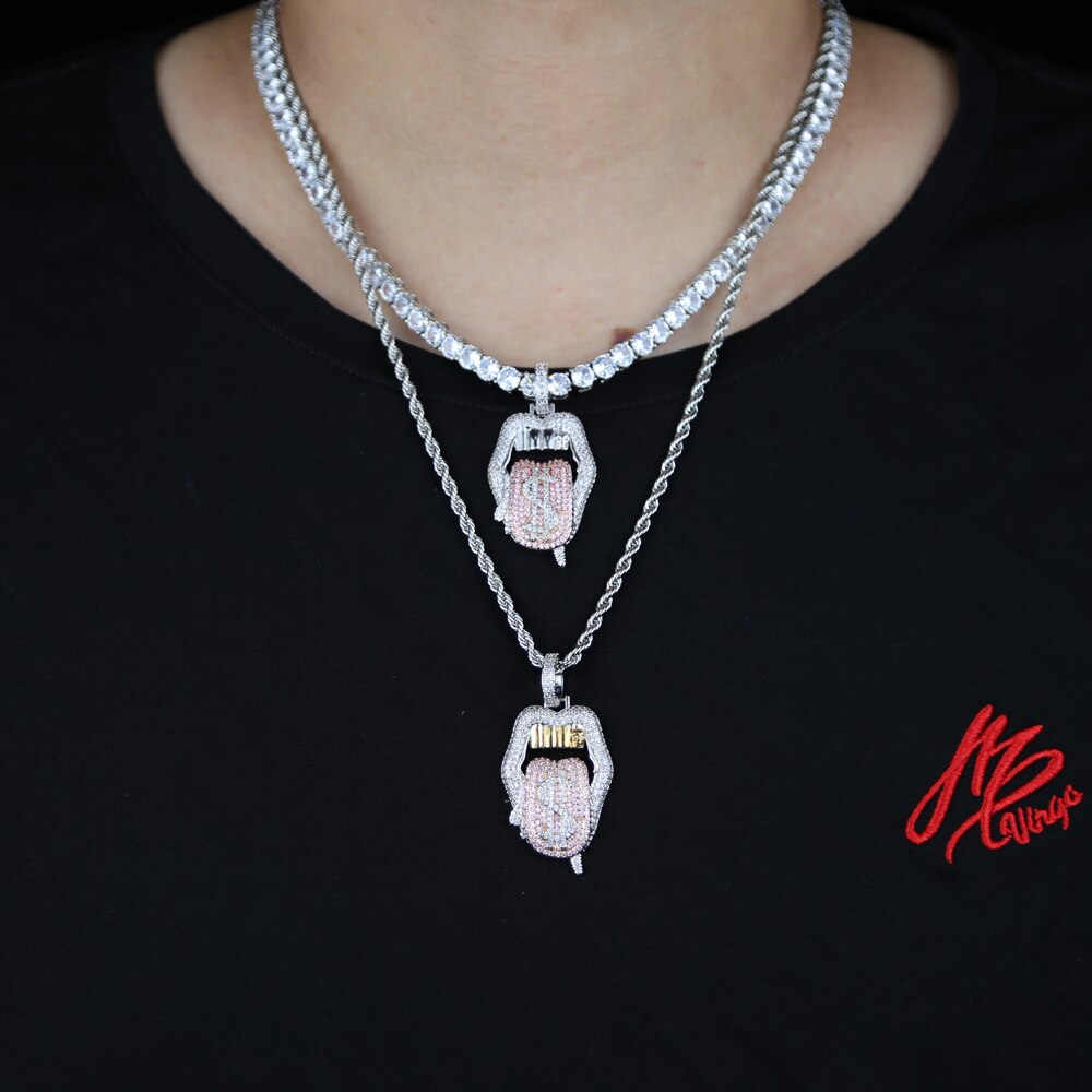 Iced out white pink mouth pendant Dollar symbol engraved hiphop bling cz pave tennis chain dripping Lip men boy necklace jewelry