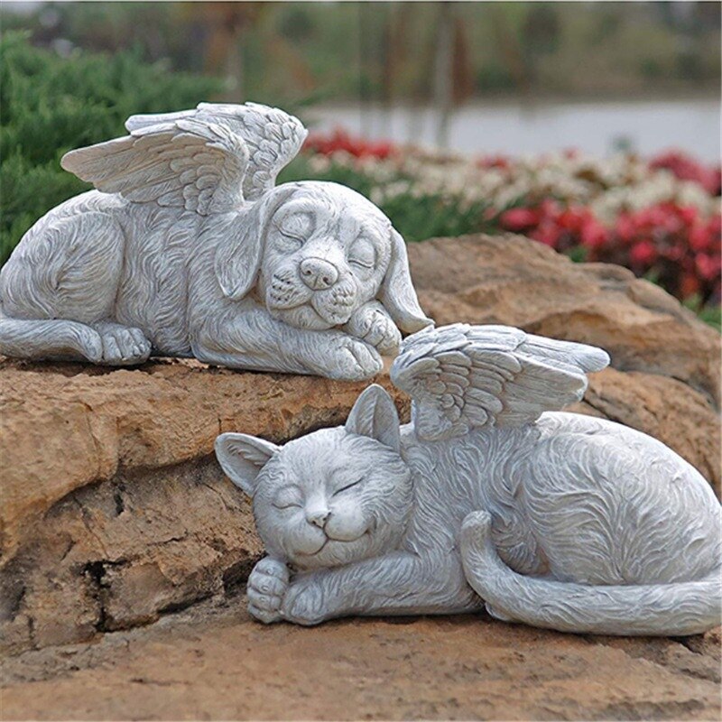 Lápida conmemorativa de resina para mascotas, Ángel, perro y gato, decoración de jardín, Ángel, gato y perro, artesanía conmemorativa para mascotas, decoración