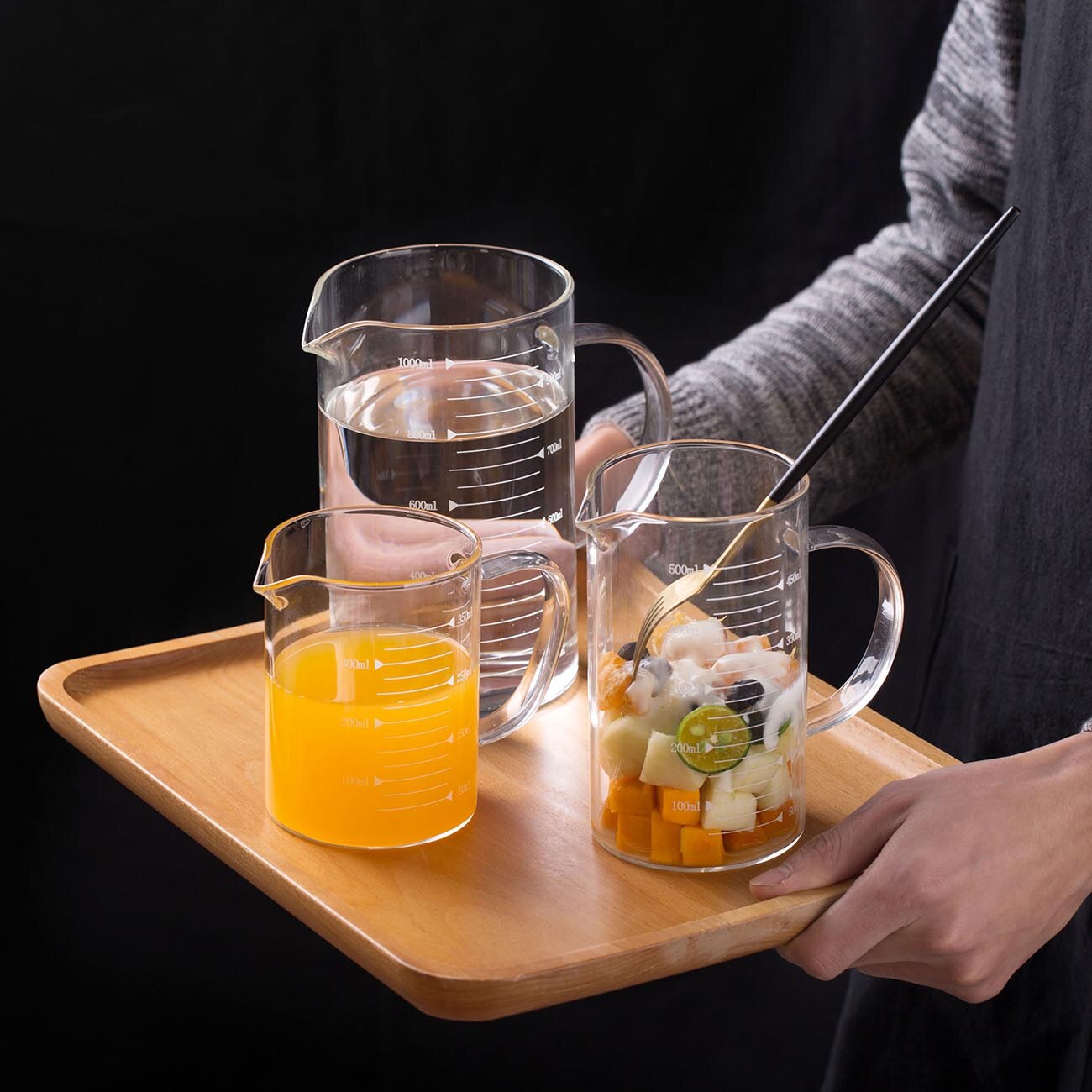 Taza medidora con balanza para horno microondas, vaso de agua de vidrio resistente a altas temperaturas con mango, taza de leche para niños