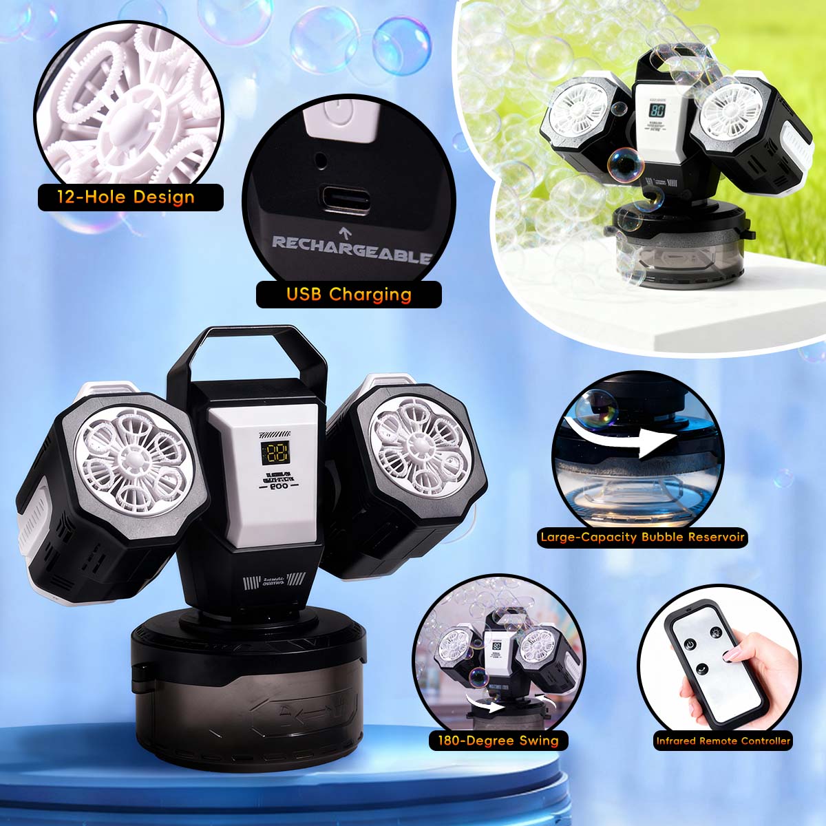 Bubble Machine: Remote Control, Rgb Lights, 1800Mah Rechargeable Type-C | No Bubble Solution