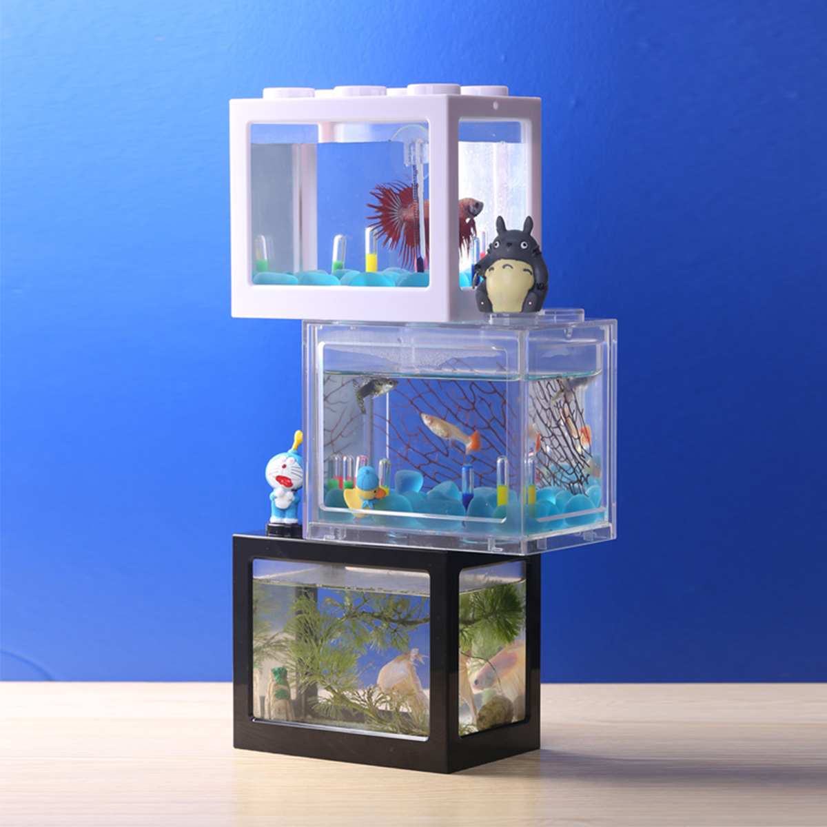 Mini acuario con luz LED para lámpara, tanque de peces Betta, cilindro de combate de peces USB, de escritorio, tazón de peces acuapónicos marinos, Fliter de agua