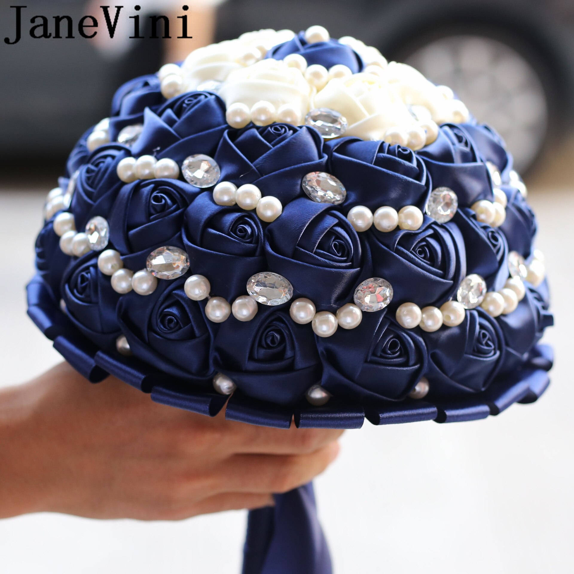 JaneVini Navy Blue Pearl Beaded Flwer Wedding Boquet Bride Satin Flower Bouquets Crystal Rose Bridal Bouquet bruids boeket