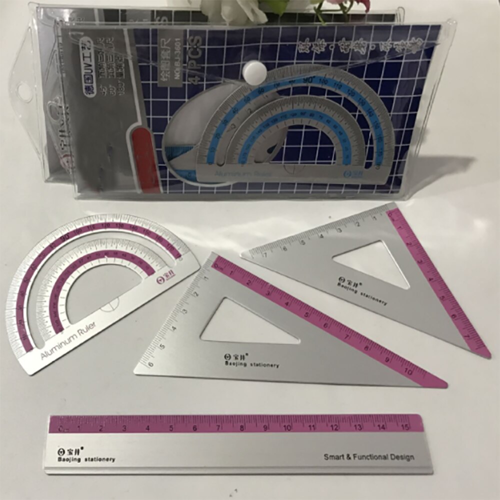 4pcs/set Multi-function Aluminum Alloy Ruler Aluminum Protractor School Office Stationery Supplies Ruler Exam ruler