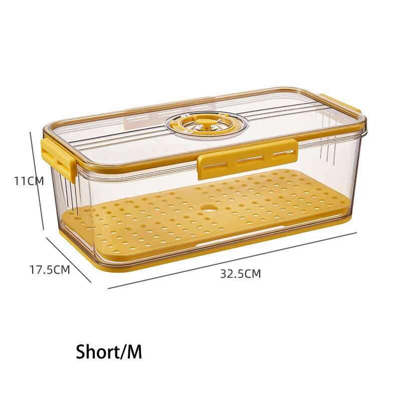 Timekeeping Refrigerator Food Storage Box with Lid Thickened PET Plastic Storage Containers Fruit Egg Vegetable Meat Fresh Box: Short Style-Yellow-M