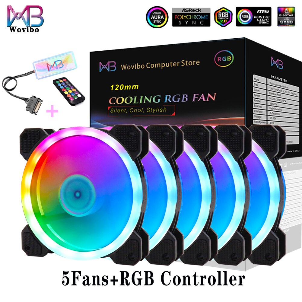 Wovibo-Ventilador RGB de 120mm, enfriador silencioso Argb, Pc, ordenador, 6 pines, 12cm, placa base, sincronización Aura: 5Fans With RGB