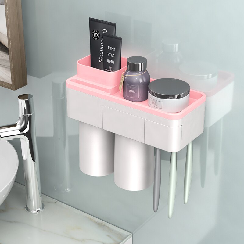 Badkamer Accessoires Tandenborstel Houder Set Tandpasta Organizer Tandenborstel Rack Wall Mount Magnetic Adsorptie Met Cup: Pink 2 Cups