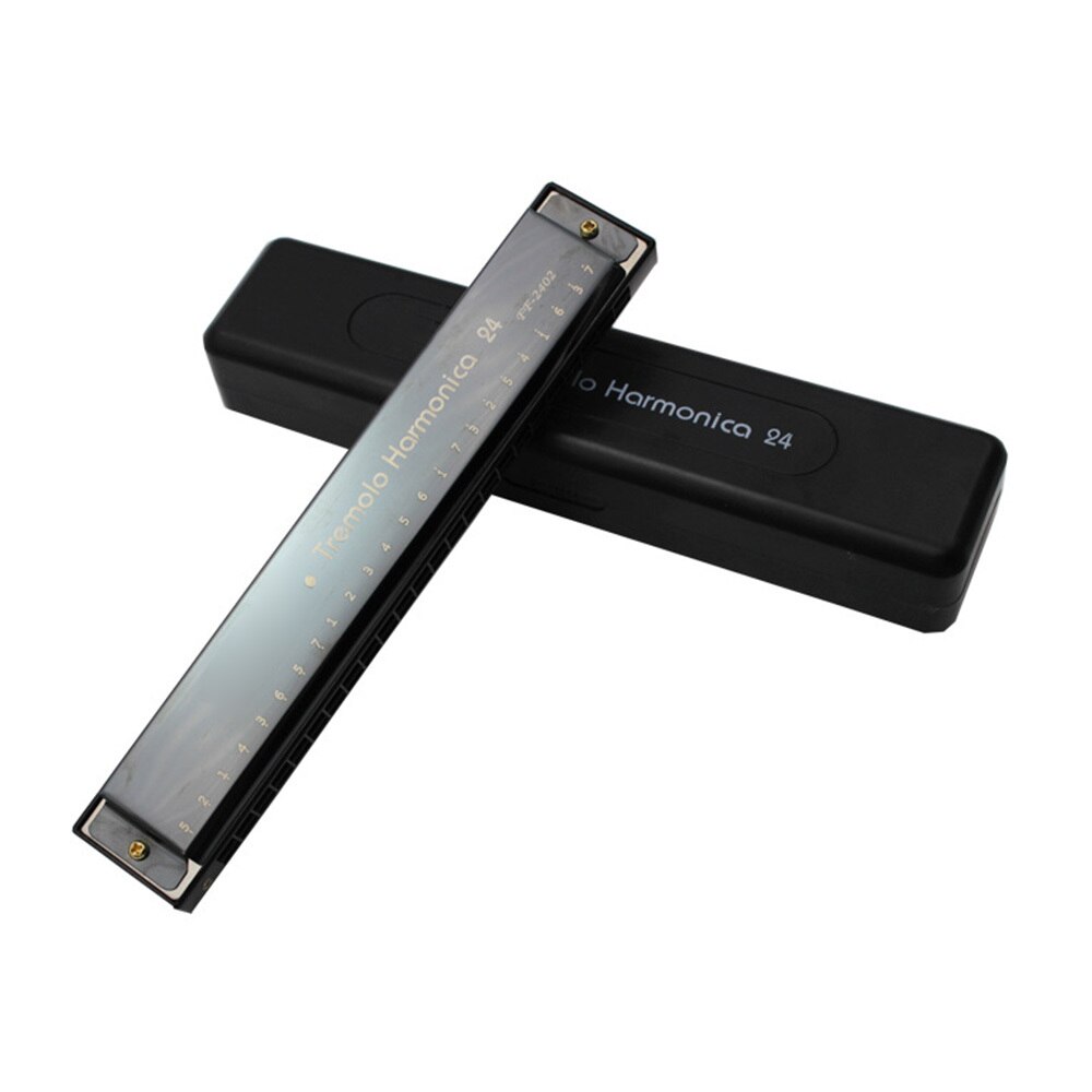 Harmonica 24 Holes Tremolo Harmonica C Key Polyphony Harmonicon Octave-tuned Mouth Organ Harmonica With Case: Black