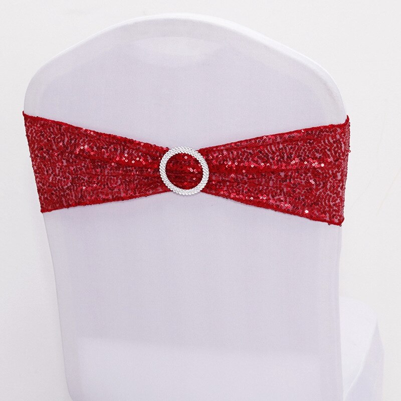 Sequin Chair Bands Stretch Spandex Chair Sash Band with Round Buckle for Wedding Events Banquet Decoration Party Supply: Red Chair Band