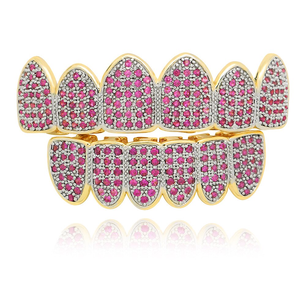 1set Hip Hop Rock Teeth Grillz Pink Diamond Tooth Gems Jewelry Top &amp; Bottom Teeth Braces Set for Men Women Halloween