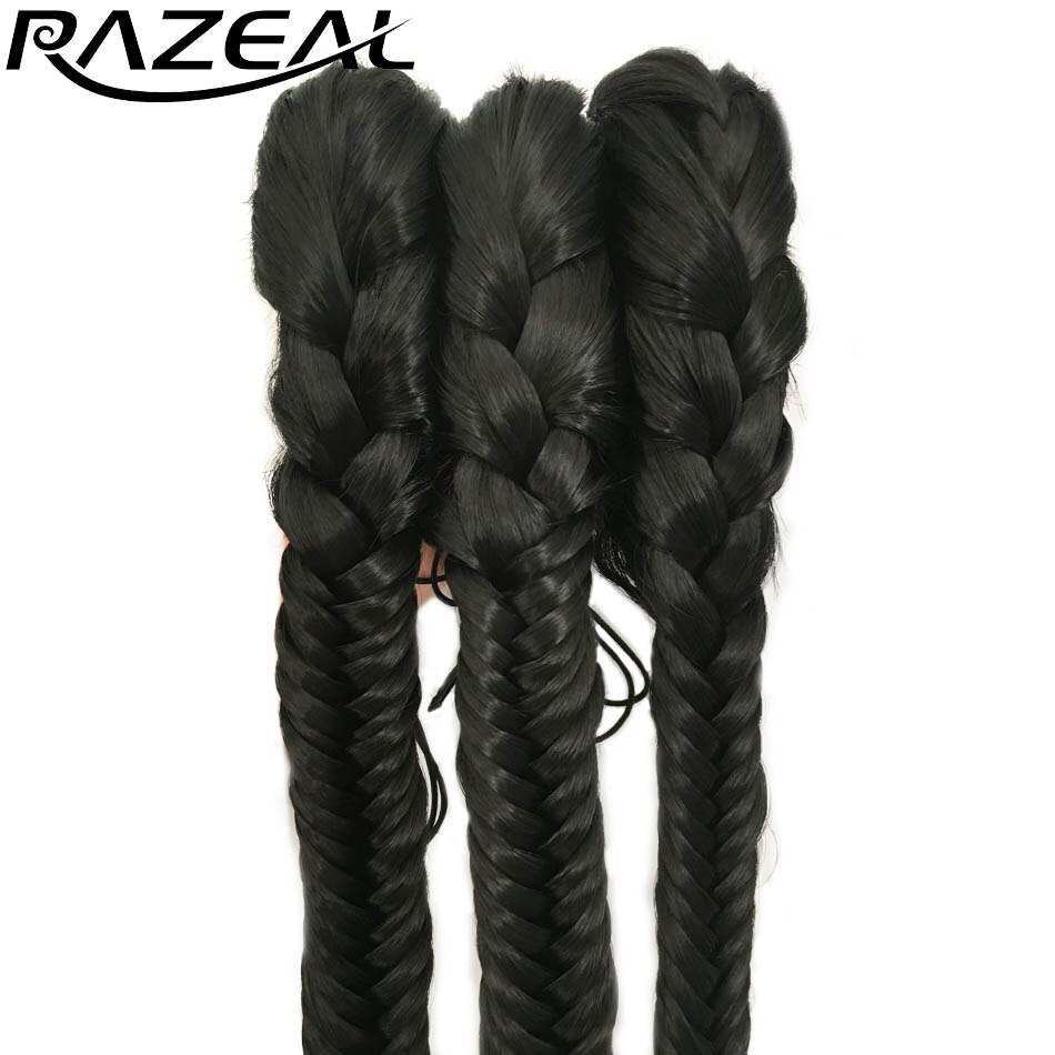 Razeal 20 inches Women's Clip In Braided Synthetic Hair Fishtail Ponytail With Elastic Drawstring Rope Black Color