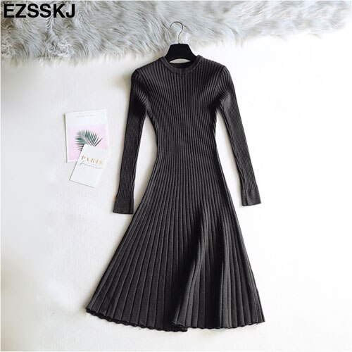 Vestido femenino de punto grueso con manga larga para otoño e invierno, traje básico con cuello redondo para mujer, corte en A, informal: Black