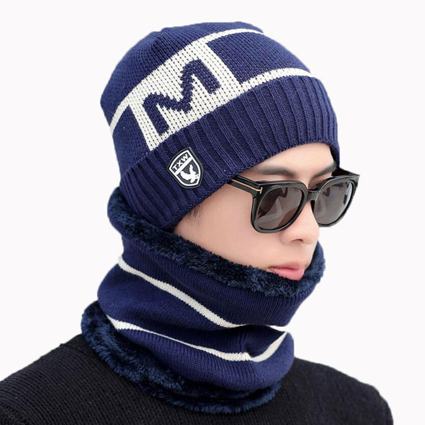 Varm vinter mænd hat tørklæde til uld kvinder hætter og tørklæder stribe brev strikkede beanies cap 2 stk sæt mandlige skullies maske motorhjelm