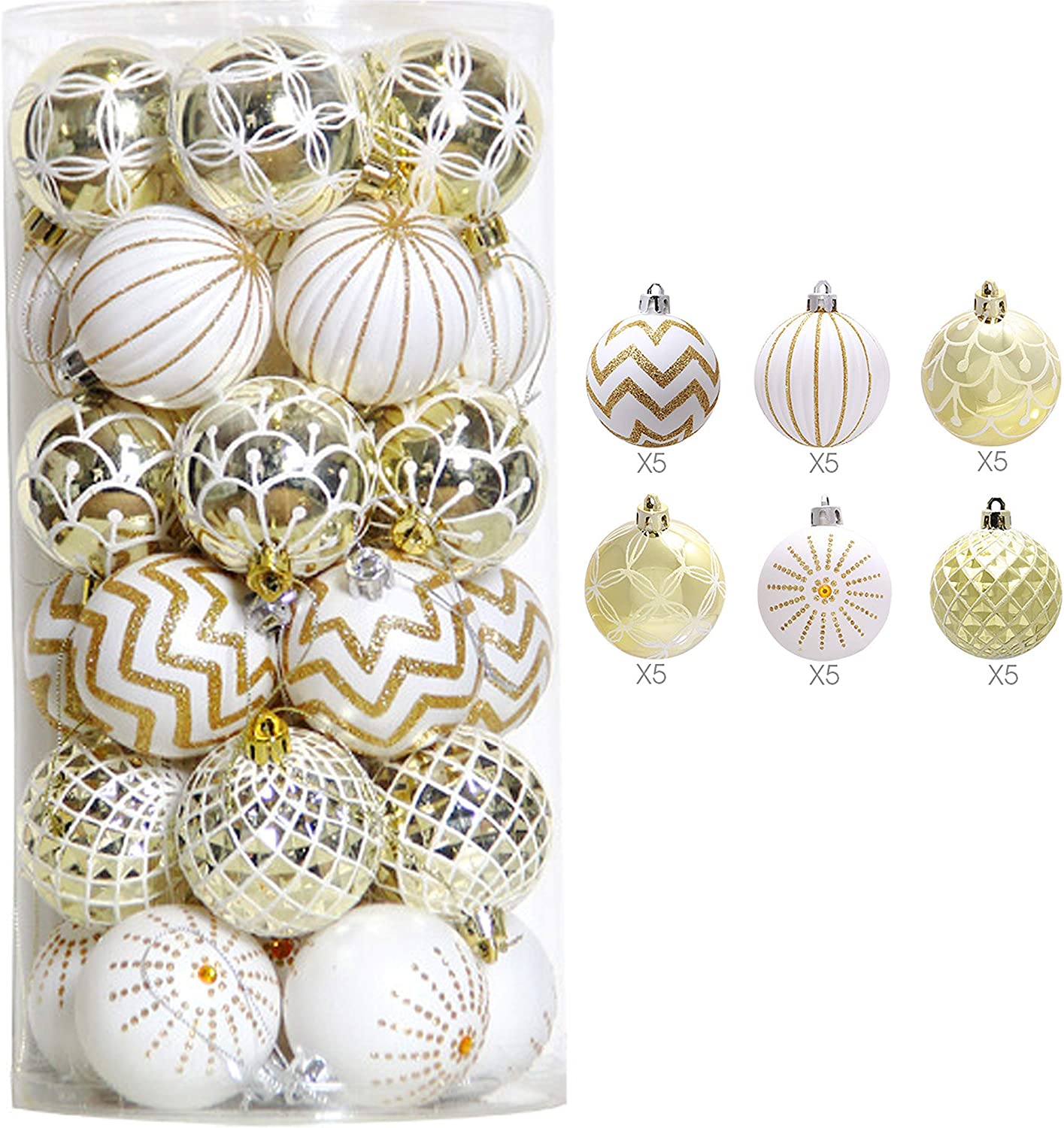 30pcs Painted Christmas Ball Ornaments 60mm Gold and White Painted Shatterproof Christmas Tree Pendant Party: C