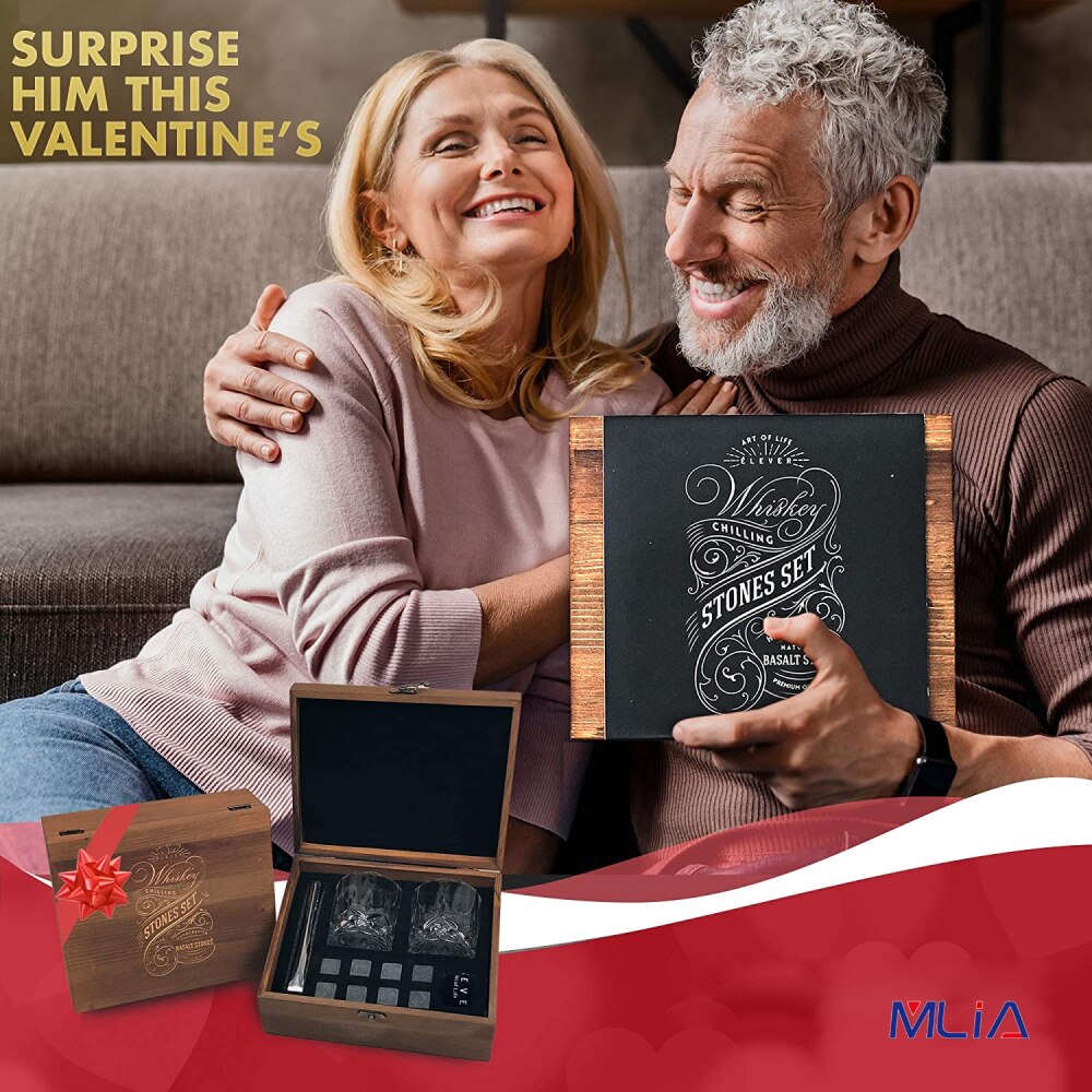 MLIA Whiskey Stones and Whiskey Glass Box Set 8 Granite Chilling Whisky Rocks 2 Glasses in Wooden Box for Men Dad