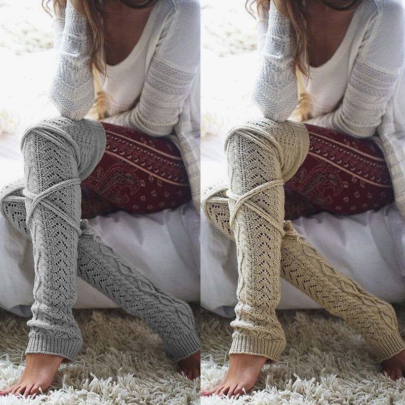 Femmes hiver sur le genou Crochet tricoté bas jambières botte cuisse chaussettes hautes fantaisie Vintage jambières