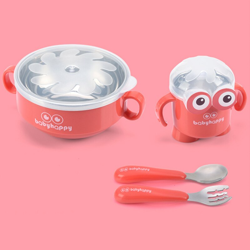 Baby servis set rostfritt stål söt tecknad barn termisk skål med kopp gaffel sked spädbarn mata barn porslin mbg 0550: Röd