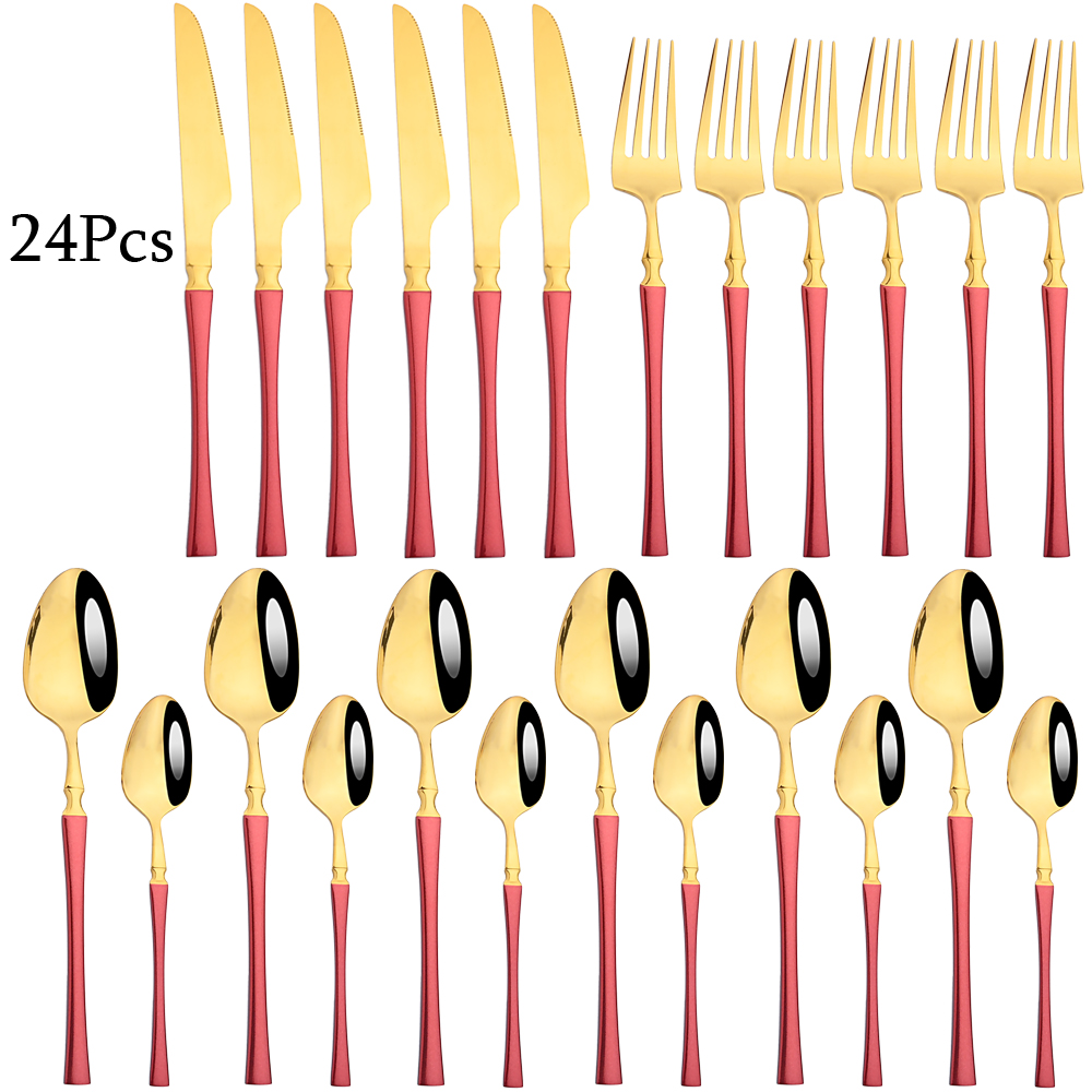 Couverts arc-en-ciel en acier inoxydable 304, 24 pièces, miroir, vaisselle, couteau, fourchette, cuillère à thé, couverts de cuisine, service d'argenterie: Red gold