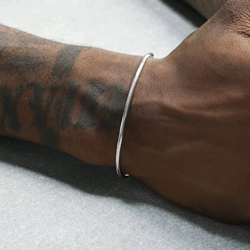 Pulsera de cadena de serpiente de plata de ley 925 para hombre y mujer, brazalete sencillo de estilo Hip Hop, joyería de Punk, , 3MM